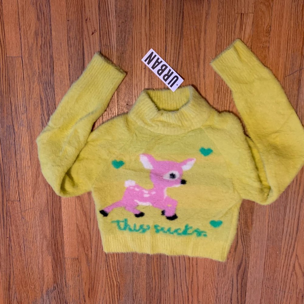 Urban Outfitters Yellow Fuzzy Deer Sweater
